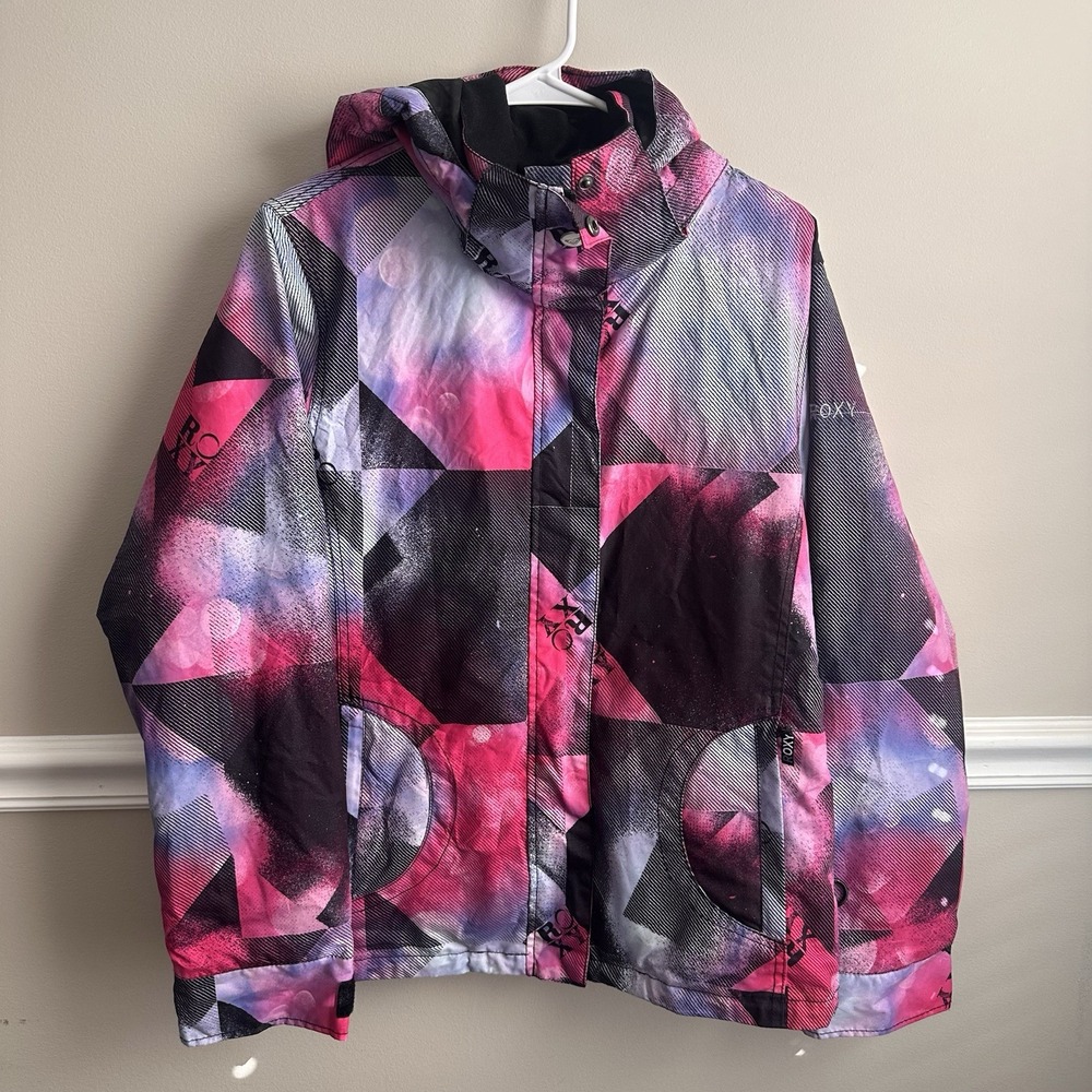 Roxy Women Snowboard Jacket Dry Flight 5K M Pink Black Abstract Ski Bum Winter
